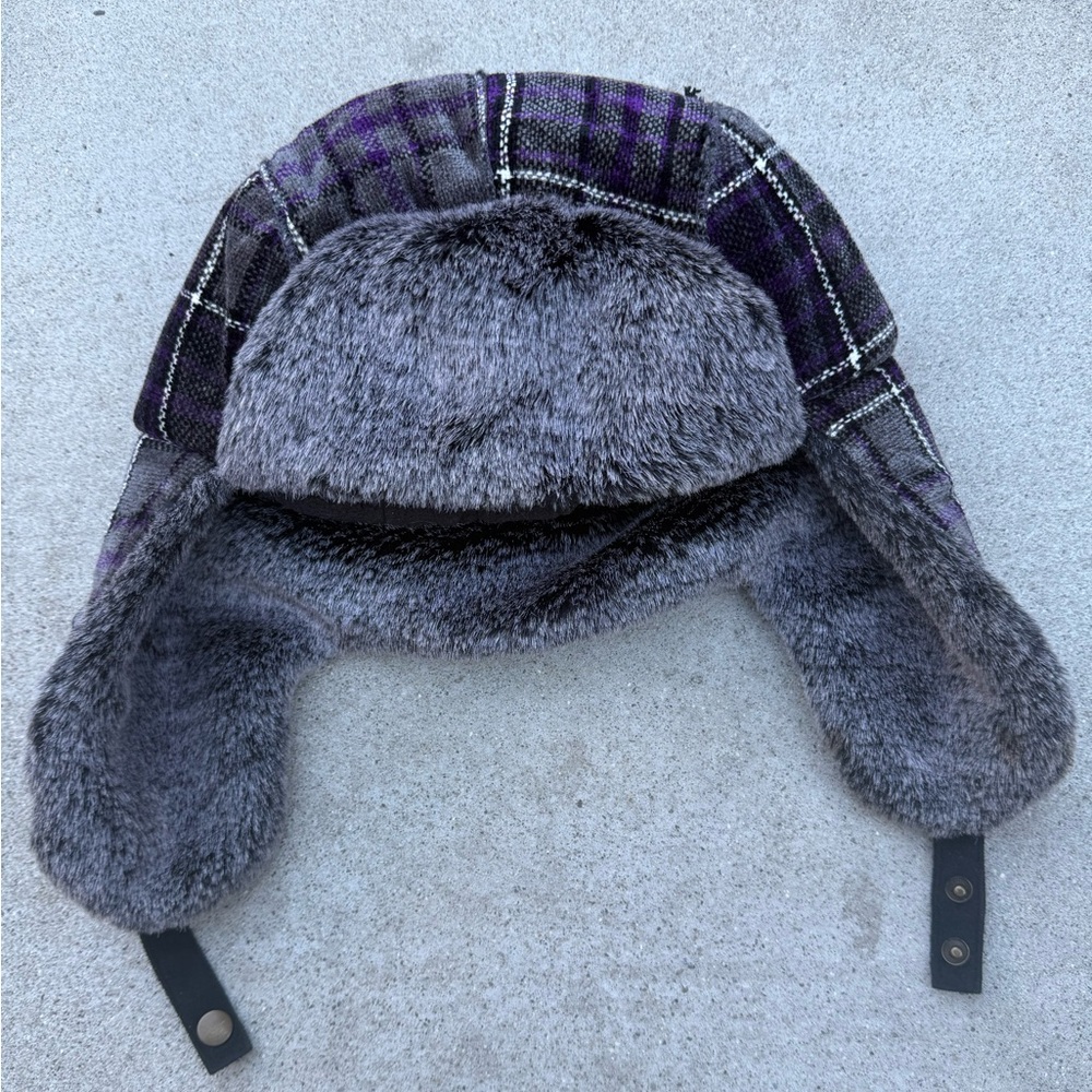 Woolrich Plaid Arctic Trapper Hat in Purple and Black Faux Fur One Size Unisex - Picture 2 of 6